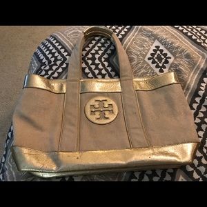Tory Burch Ella canvas/leather tote gold & natural
